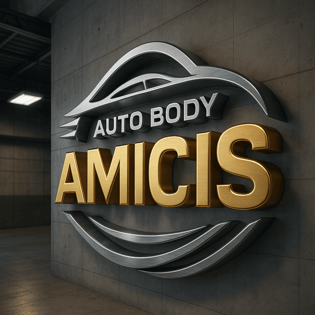 Amicis Auto Body emblem on the shop wall