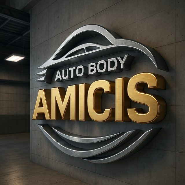 Amicis Auto Body 3D metallic emblem mounted on a concrete garage wall